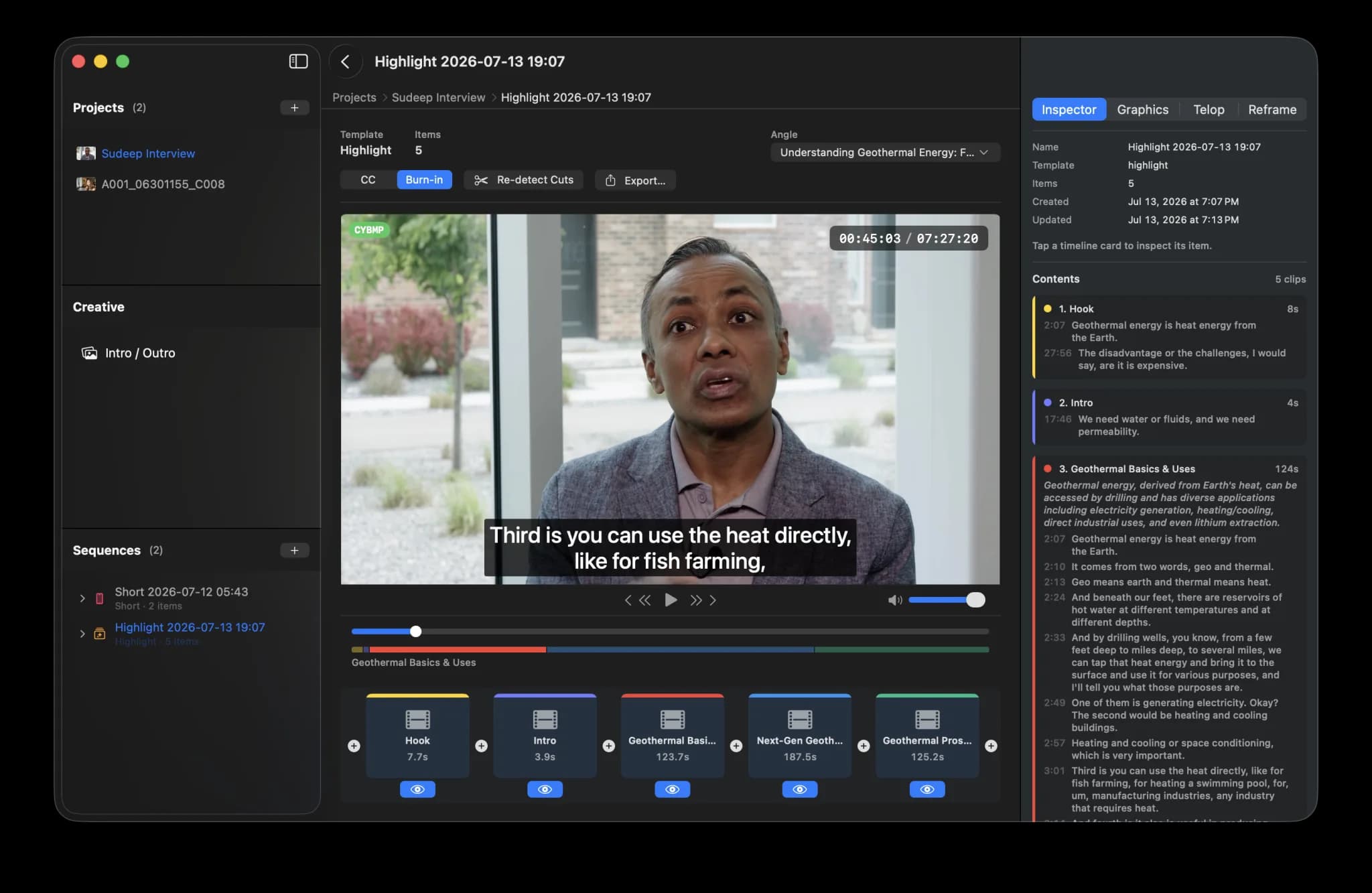 NexClip editor showing a highlight build with its topic list